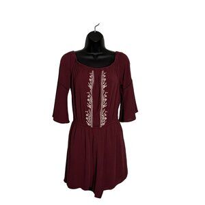 Maroon Love Fire Boho Romper With Embroidered Floral Design & Bell Sleeves